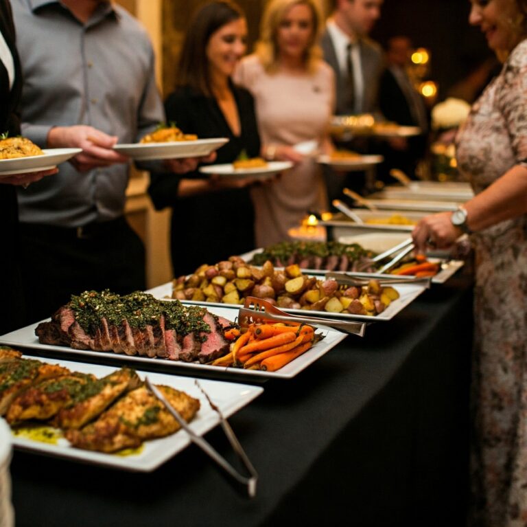 Hot buffet chafing dishes with sliced steak, roasted potatoes, and carrots for corporate catering