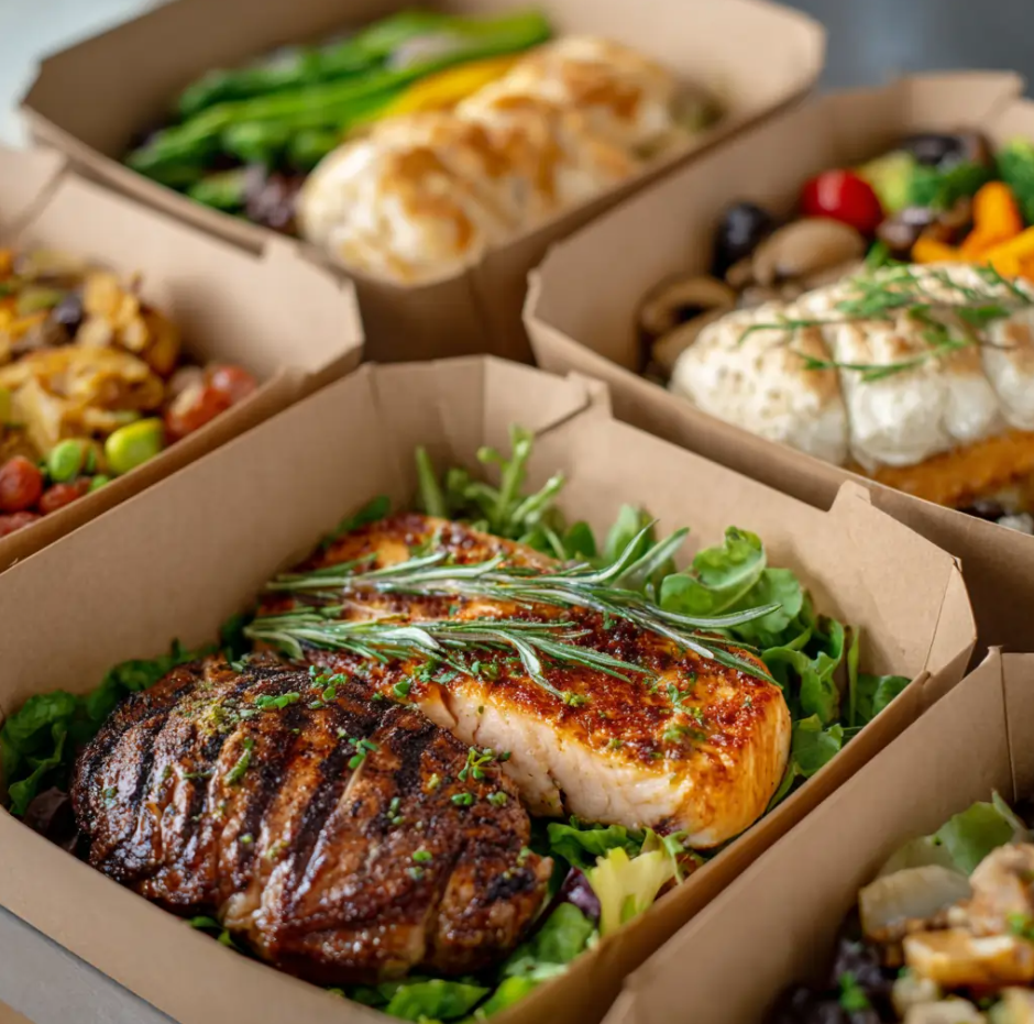 Kraft box lunch with a sandwich, fresh fruit, and greens for office catering delivery